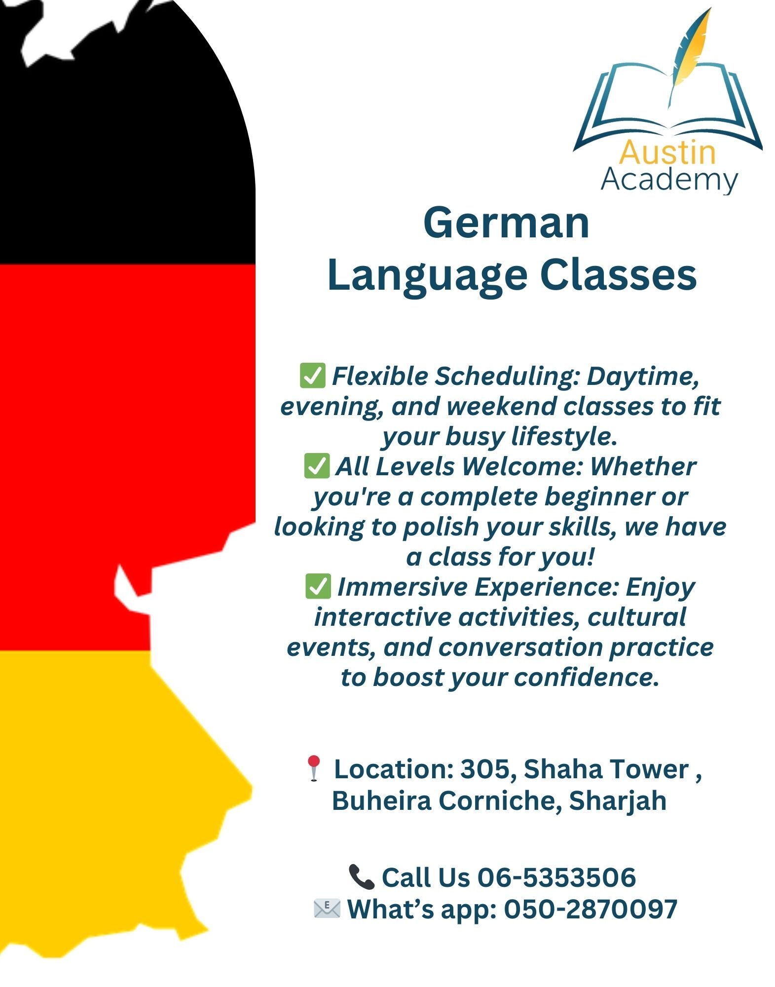 German classes in Sharjah with Transportation available, call 0502870097